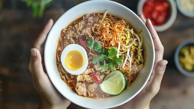 Mee rebus in dish being lifted by two hands with smoke