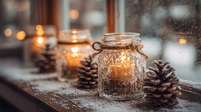 A cozy winter scene with glass jars holding candles, surrounded by pine cones and snow on a windowsill. Soft light glows through the glass, creating a warm atmosphere.
