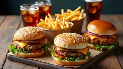 Delicious Cheeseburgers, Golden Fries, and Refreshing Sodas