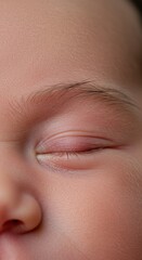 A closeup captures the delicate features of a sleeping newborns eye