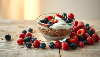 Healthy breakfast with granola and berries