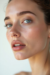 Glass skin: close up of young model with dewy skin complexion and radiant glow after beauty skin care treatment
