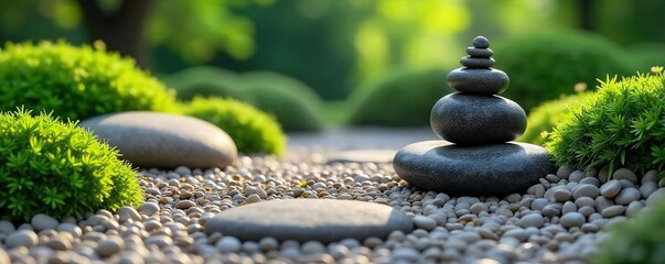 Serene Zen Garden Raked Gravel, Smooth Stones, and Lush Moss Create a Tranquil Meditation Space, Ideal for Relaxation and Spiritual Reflection.
