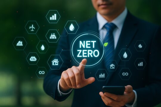 Businessman pressing Net Zero button on virtual screen, carbon neutral goal and environmental sustainability strategy for corporate climate responsibility