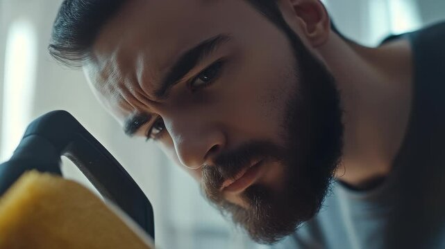 Male Close-up Shows Serious Focused Work Attitude