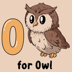 Learning Owl Illustration: Cute cartoon owl next to letter O from the alphabet, as part of educational content