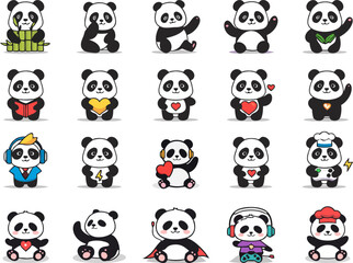 Adorable Cartoon Panda Bear Collection: Diverse Poses, Happy Mood, Vector Illustration