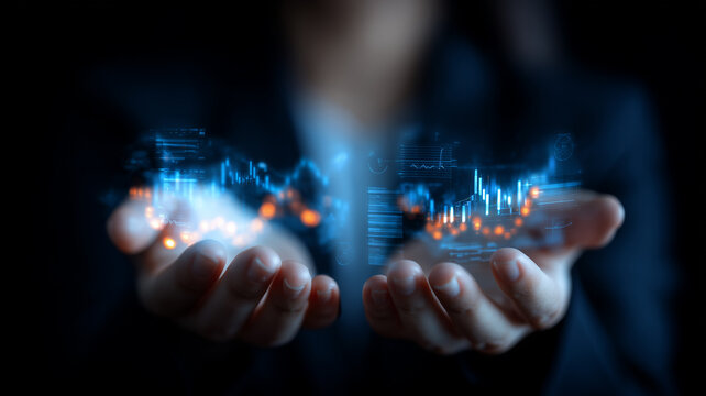 Holographic financial analytics dashboard floating between hands highlighting real time business intelligence.
