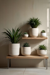 Fototapeta premium Indoor plant shelf. Wooden shelf with hoseplants in ceramic pots.