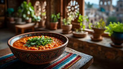 Lentil stew with vibrant red color served in ceramic bowl, blurred traditional Ethiopian home left