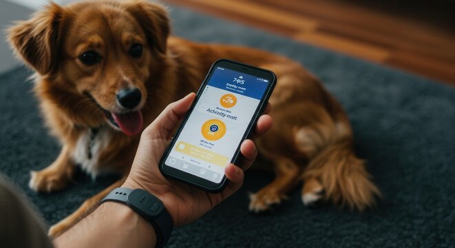 A person holds a smartphone showing activity data for their dog - Powered by Adobe