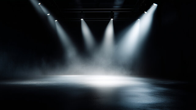 An atmospheric stage setting lit by focused white beams cutting through mist, creating a suspenseful spotlight ambiance awaiting an exciting reveal or performance.
