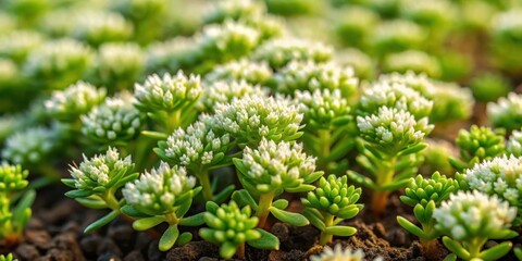 Low-angle shot of a dense sedum plant groundcover with tiny white flowers in spring, forming a thick green mat on the soil , botanical, close-up