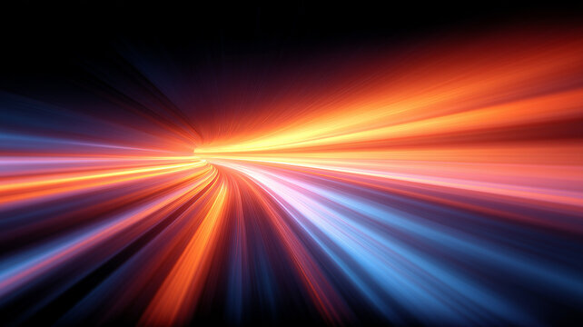 An abstract energy speed burst featuring converging orange and blue light trails that visualise futuristic data flow acceleration and technological breakthrough momentum.
