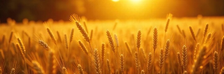 Golden Hour Wheat Field Abundant Harvest at Sunset, Rural Autumn Landscape