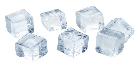 Seven Ice Cubes Arranged Closely Together on Transparent Background