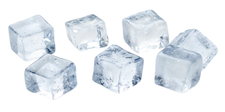 Seven Ice Cubes Arranged Closely Together on Transparent Background
