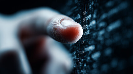 A cybersecurity code review scene where a developer finger highlights critical source lines on a glowing display emphasising debugging vigilance and software security assurance.
