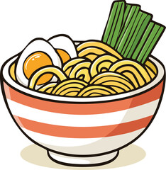 A vibrant illustration of a bowl of Japanese ramen noodles, egg, and scallions.