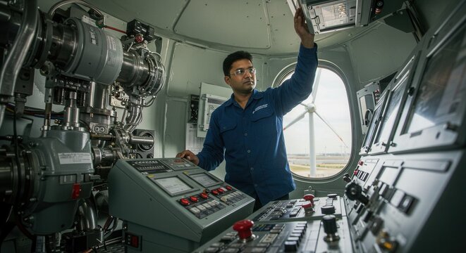 An engineer operates the control panel inside a wind turbine - Powered by Adobe