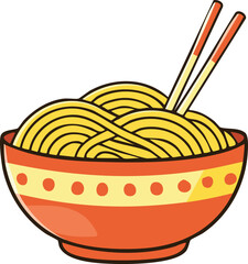A cartoon illustration of a bowl of yellow noodles with chopsticks.