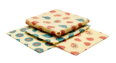 A stack of colorful beeswax food wraps is isolated on a white background