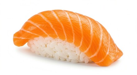 A piece of salmon nigiri sushi is isolated on white background