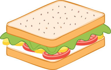 A colorful cartoon illustration of a sandwich with bread, lettuce, tomato, and cheese.