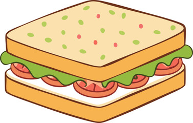 A cartoon illustration of a square sandwich with lettuce and tomato.