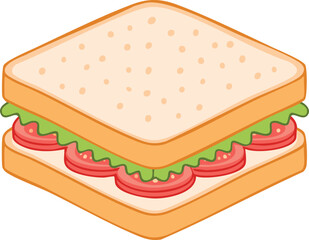 Cartoon illustration of a sandwich with lettuce and tomato slices between two slices of bread.