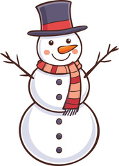 A cheerful snowman wearing a hat and scarf, smiling warmly in winter.
