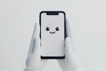Smiling phone held by cartoon hands isolated on white background