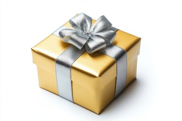 Obraz premium Gold gift box with silver ribbon isolated on white background