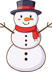 Cartoon snowman with a black top hat and red scarf, smiling with stick arms.