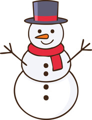 A simple, cartoon snowman with a top hat, scarf, and buttons.