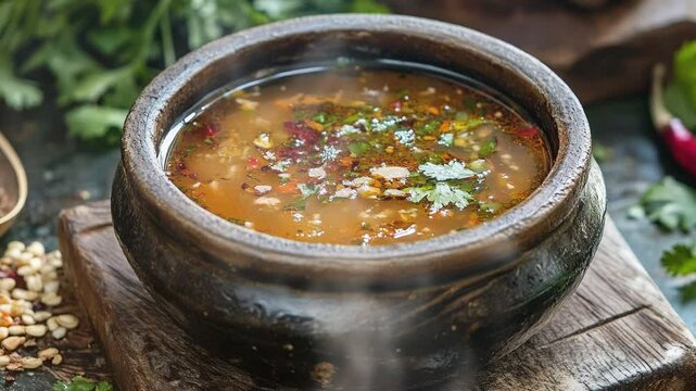 Rasam soup in dish on the table with smoke