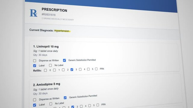 Medical prescription template form for Hypertension. Digital prescription system interface for seamless medical data management
