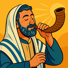 Jewish man blowing shofar to celebrate Rosh Hashanah. Bright vector illustration