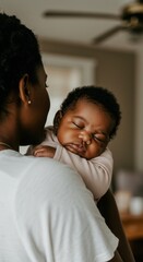 Fototapeta premium An african american mother holds her sleeping newborn baby