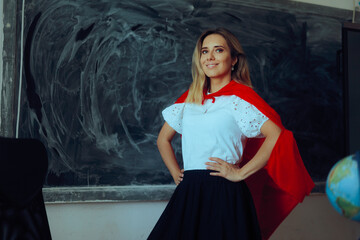 Superhero Teacher Wearing a Red Cape Standing in Front of a Blackboard. Exceptional professor...