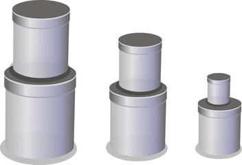 Three different sizes of cylindrical boxes stacked.