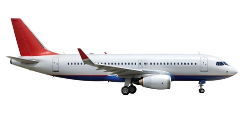 Obraz premium Airplanes side view are captured in moments of takeoff, landing, and flight across the sky, embodying air travel isolated in a white background