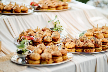 Outdoor mini sandwich platter with sesame seeds and fresh herbs, elegantly arranged on silver trays...