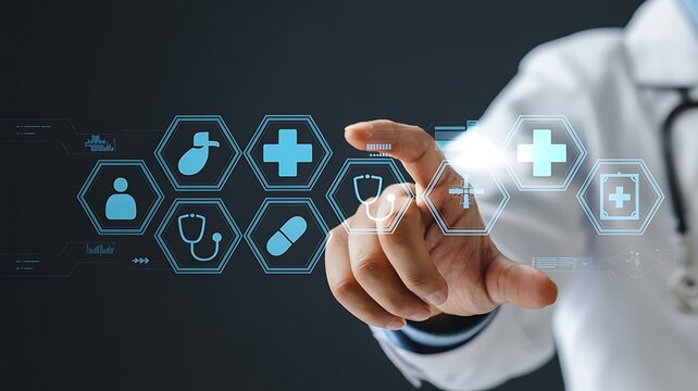 Doctor interacting with futuristic medical icons on a digital interface screen