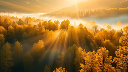 Early morning fog weaves between the golden trees in the valley. Sunlight filters through, forming soft rays. The air is cool and clear.