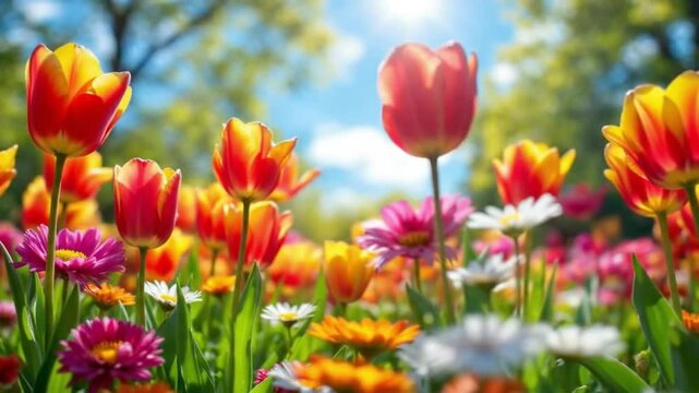 Colorful Tulips and Daisies in a Bright Spring Garden