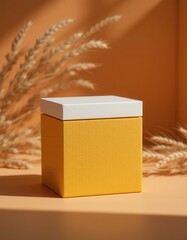 Minimalist presentation yellow box with wheat on orange background, studio shot
