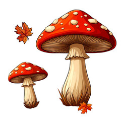 Bright autumn mushrooms in yellow grass and autumn leaves. Digital illustration. Cute fly agaric with red caps, isolated on a white background. For textiles and children's decor