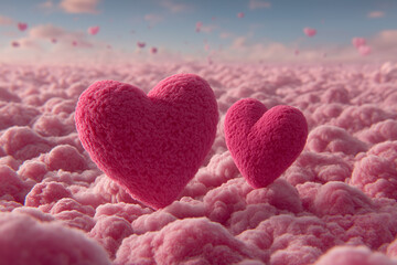 Obraz premium Romantic Hearts Floating in Dreamy Pink Clouds Creating a Magical Atmosphere
