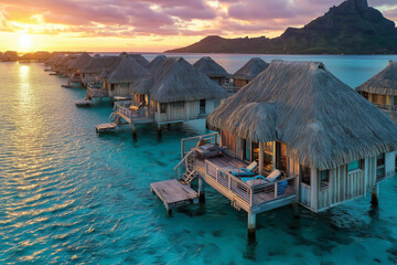 Fototapeta premium Aerial View of Overwater Bungalows in Turquoise Lagoon at Sunset with Vibrant Sky